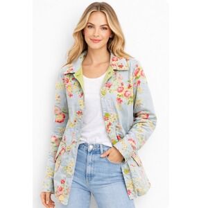 Reversible Floral Trench Coat Blue Pink Lime Green Long Jacket L Liz Claiborne